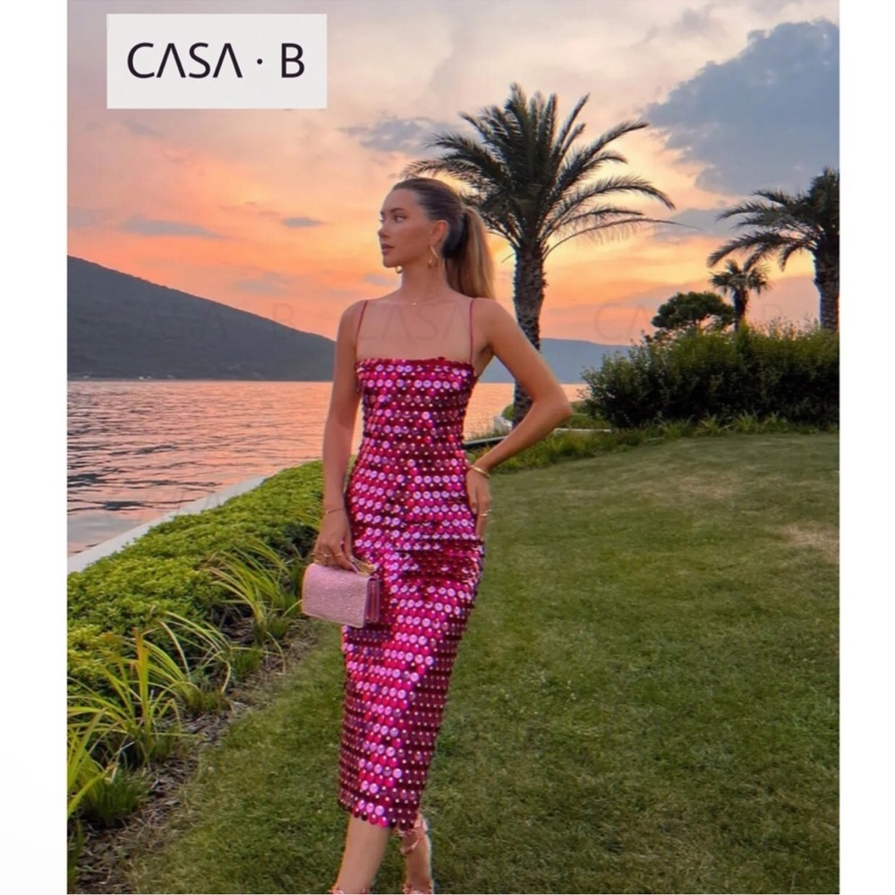 NEW to CASA B | Zephyr Sequin Midi Dress in Fuchsia Pink